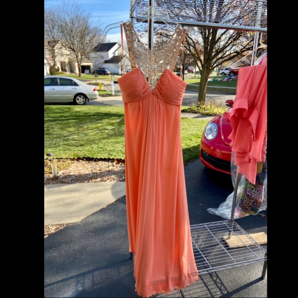 Salmon / Coral Halter Prom Dress with gems 🍑